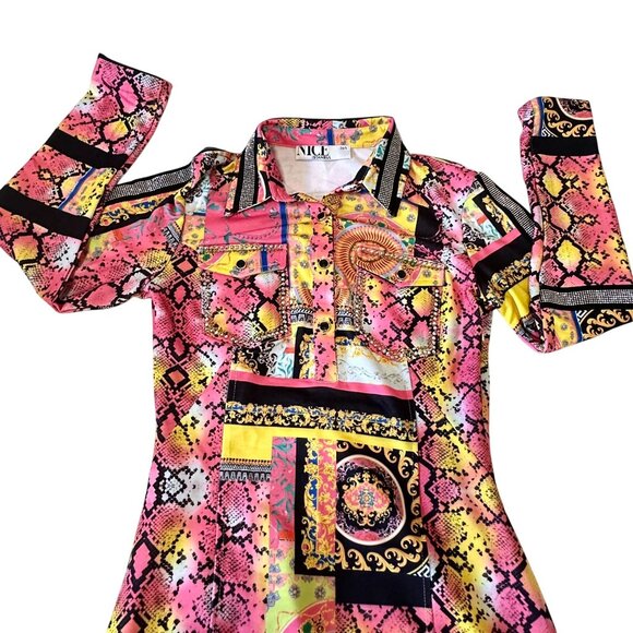 Nice Istanbul Baroque Print Embellished Long Sleeve Mini Bodycon Dress Sz 36 / S - Picture 7 of 9